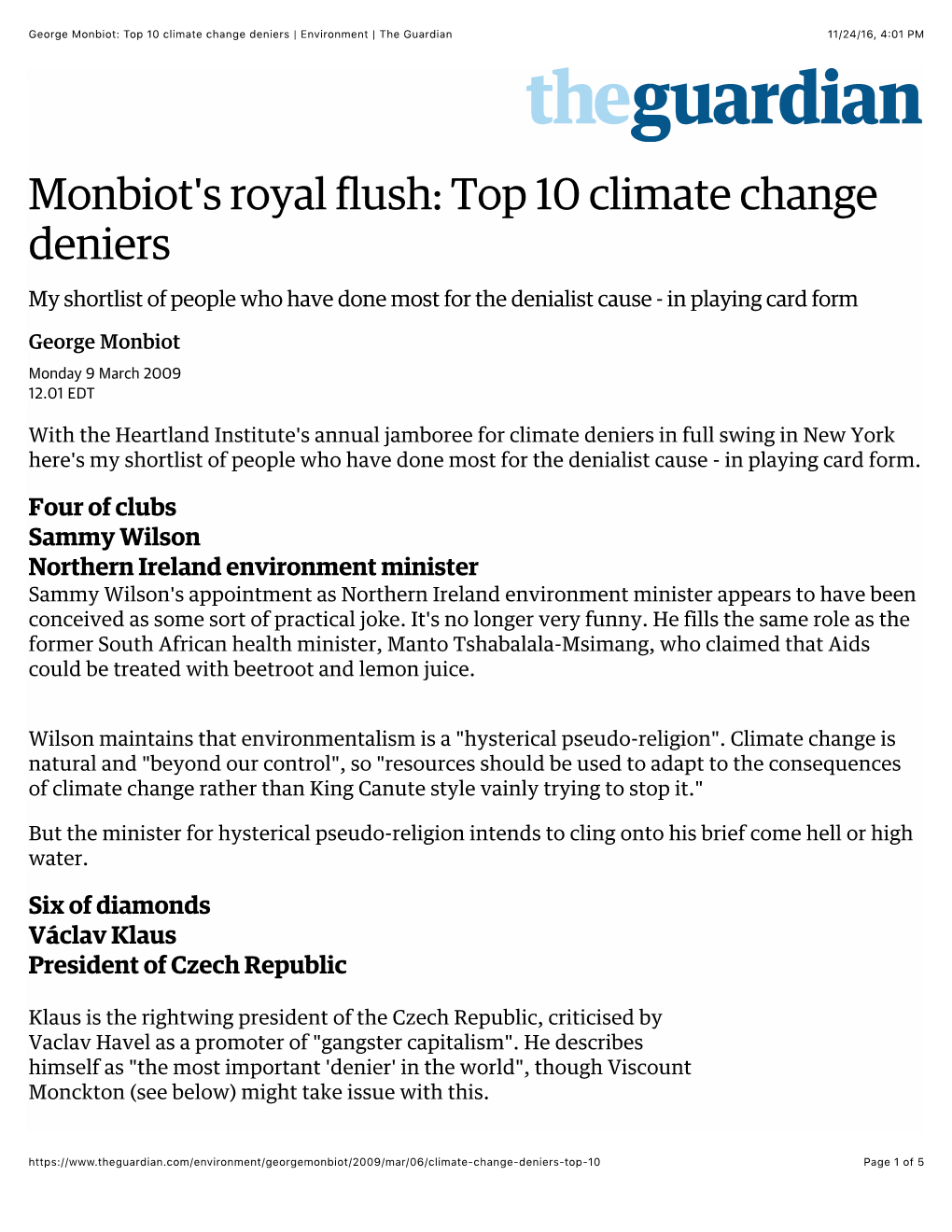 Top 10 Climate Change Deniers | Environment | the Guardian 11/24/16, 4�01 PM