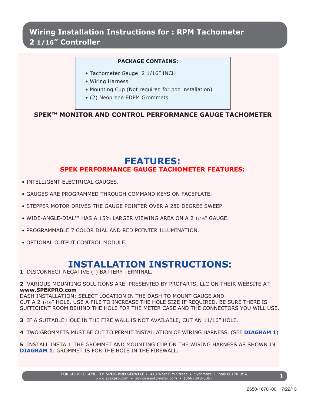 Wiring Installation Instructions for : RPM Tachometer 2 1/16” Controller