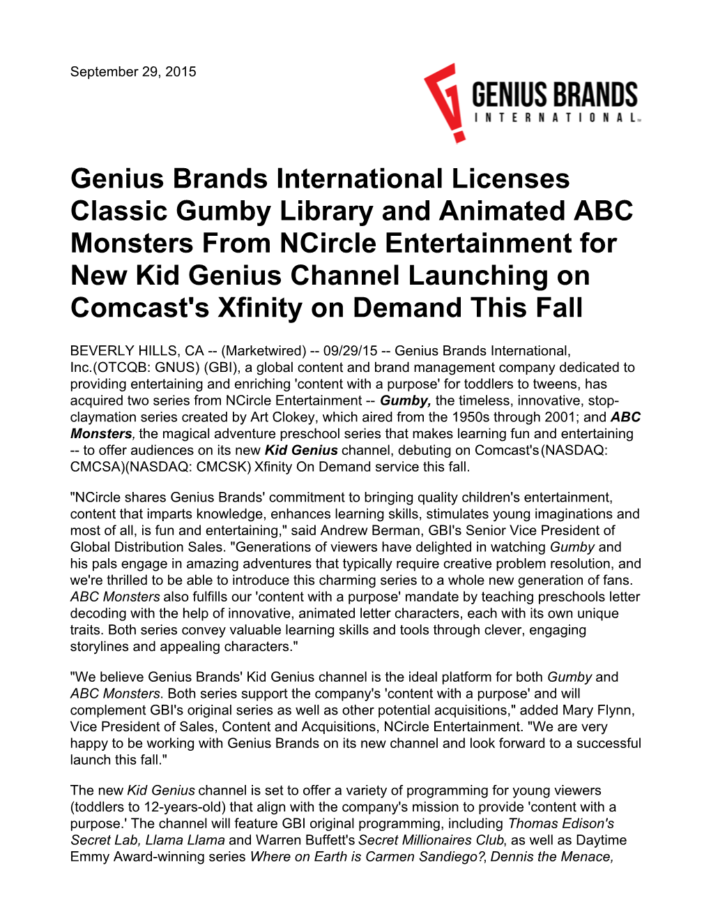 Genius Brands International Licenses Classic