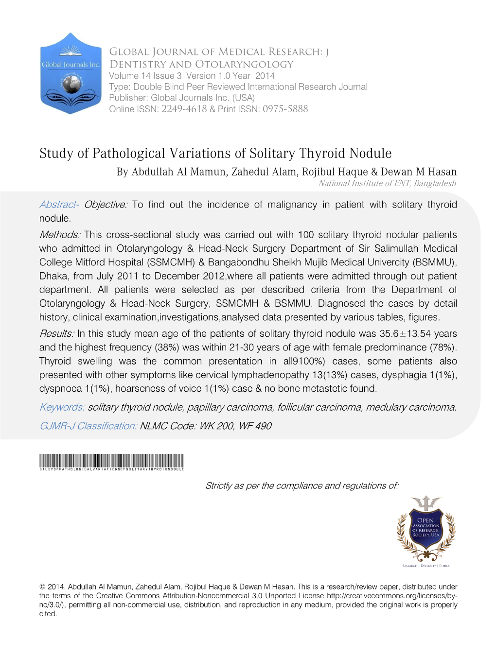 Study of Pathological Variations of Solitary Thyroid Nodule by Abdullah Al Mamun, Zahedul Alam, Rojibul Haque & Dewan M Hasan National Institute of ENT, Bangladesh