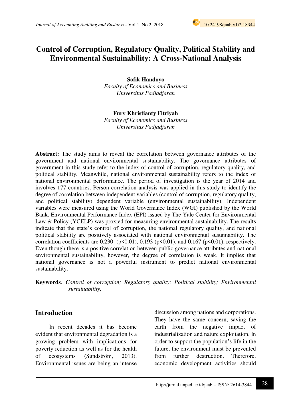 Control of Corruption, Regulatory Quality, Political Stability and Environmental Sustainability: a Cross-National Analysis