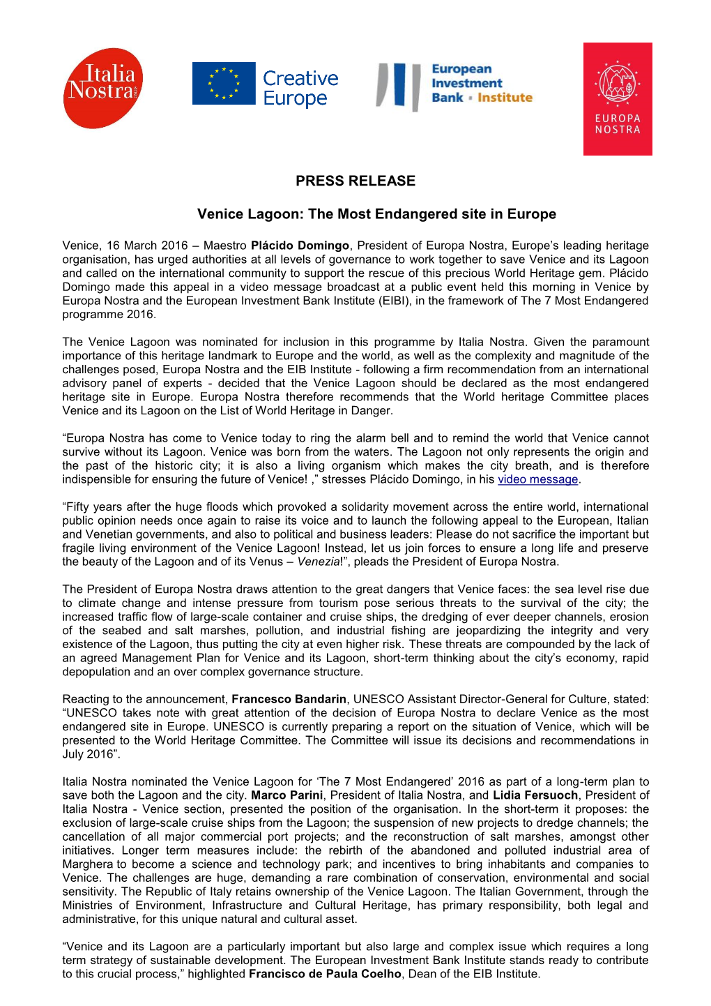 PRESS RELEASE Venice Lagoon