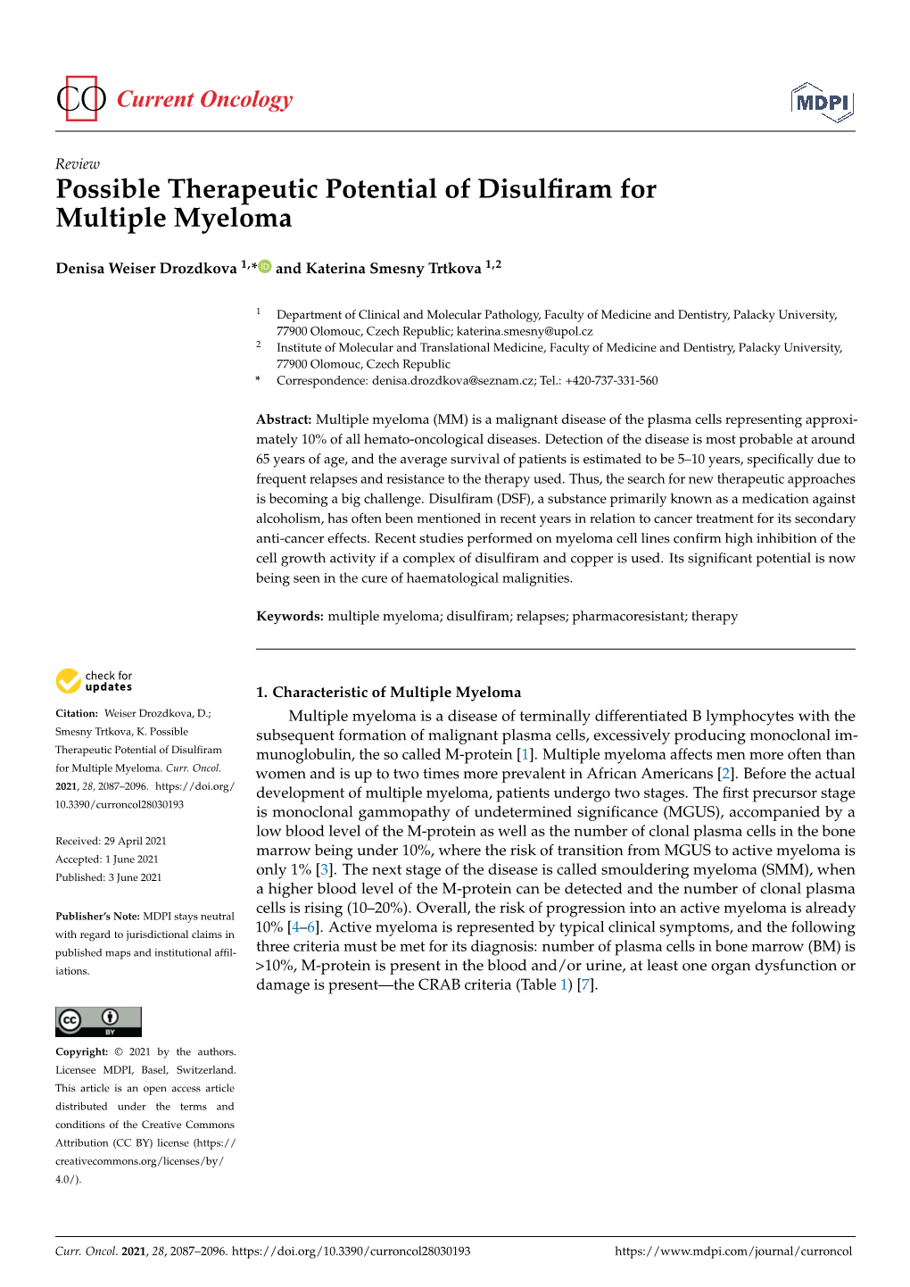 Possible Therapeutic Potential of Disulfiram for Multiple Myeloma