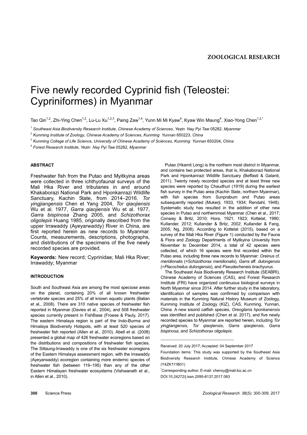 Five Newly Recorded Cyprinid Fish (Teleostei: Cypriniformes) in Myanmar