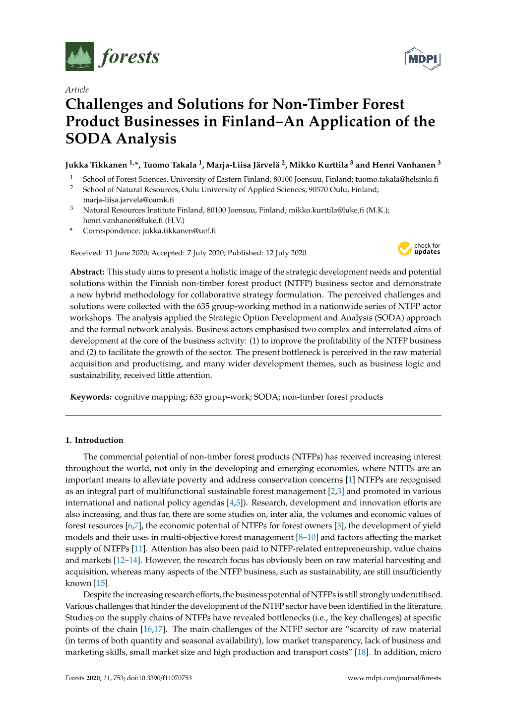 Challenges and Solutions for Non-Timber Forest Product Businesses in Finland–An Application of the SODA Analysis