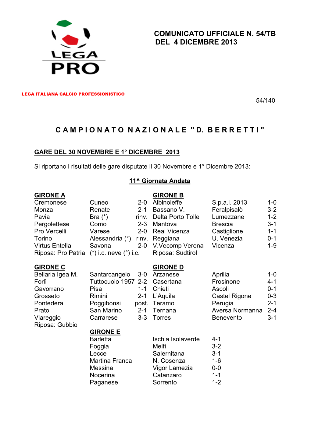 Comunicato Ufficiale N. 54/Tb Del 4 Dicembre 2013