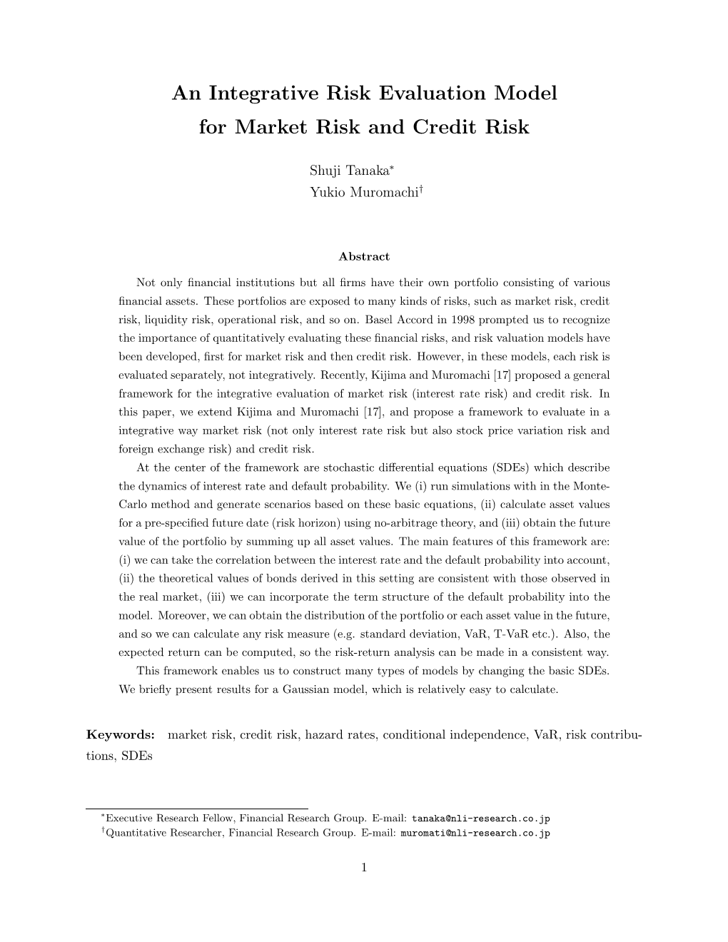 An Integrative Risk Evaluation Model for Market Risk and Credit Risk