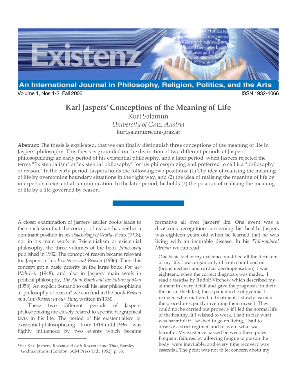 Karl Jaspers' Conceptions of the Meaning of Life Kurt Salamun University of Graz, Austria Kurt.Salamun@Uni-Graz.At