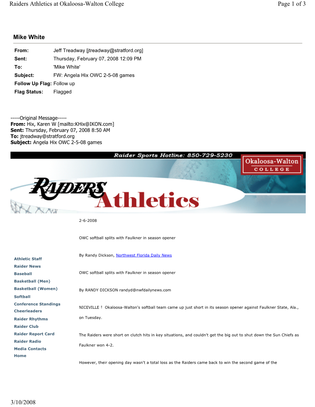 Mike White Page 1 of 3 Raiders Athletics at Okaloosa-Walton