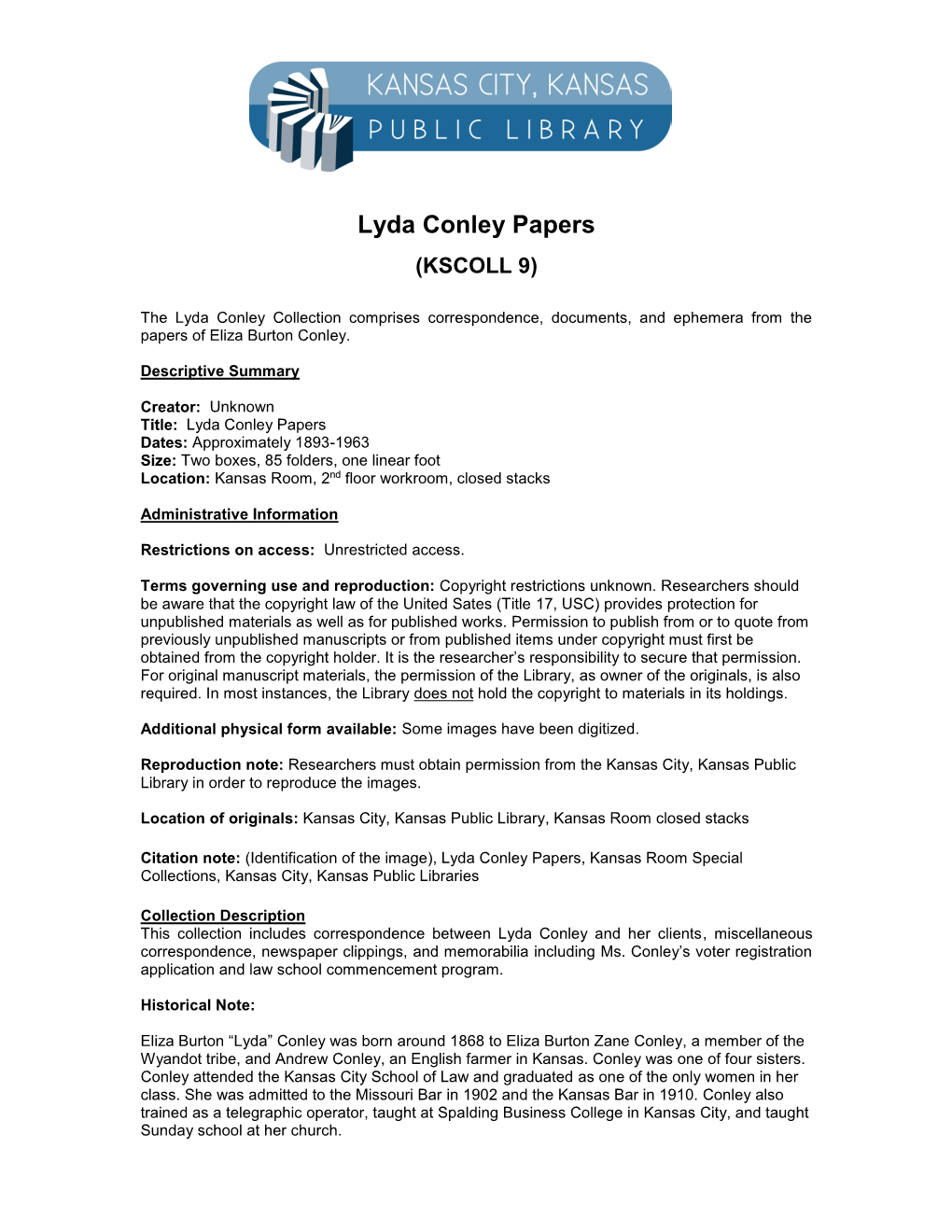 Lyda Conley Papers (KSCOLL 9)