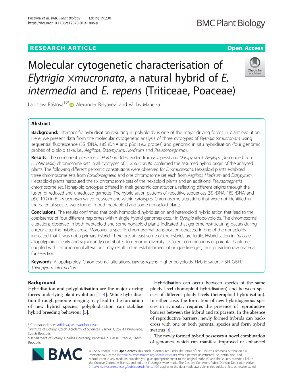 Molecular Cytogenetic Characterisation of Elytrigia ×Mucronata, a Natural Hybrid of E