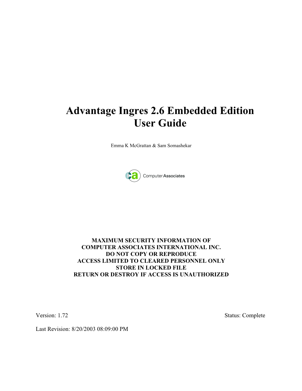 Advantage Ingres 2.6 Embedded Edition User Guide