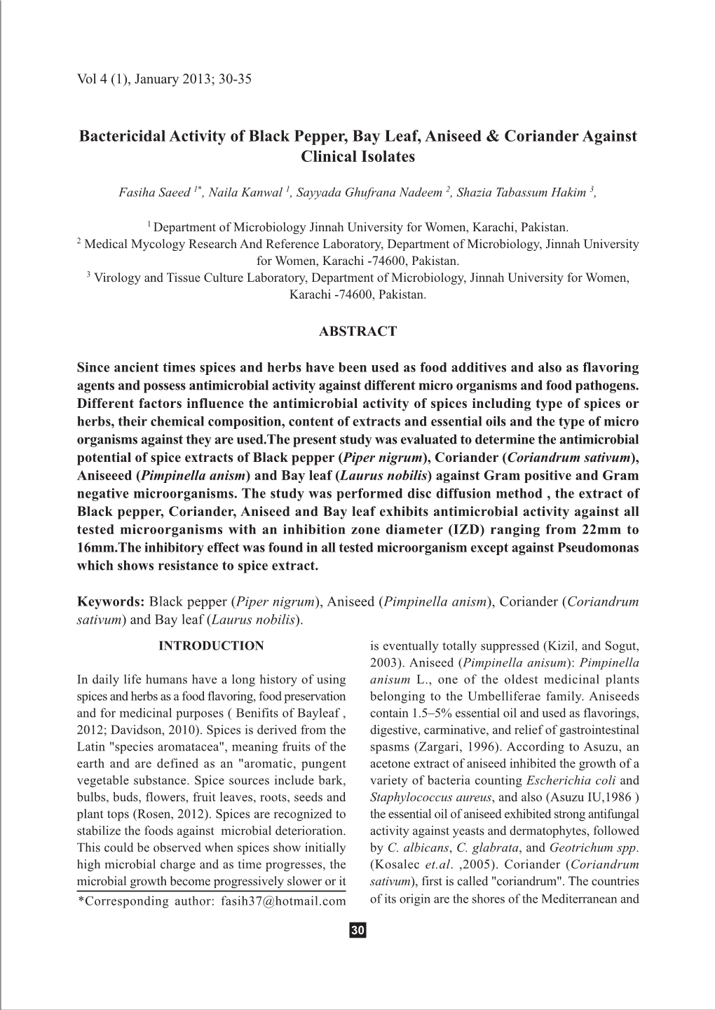 Bactericidal Activity of Black Pepper, Bay Leaf, Aniseed & Coriander