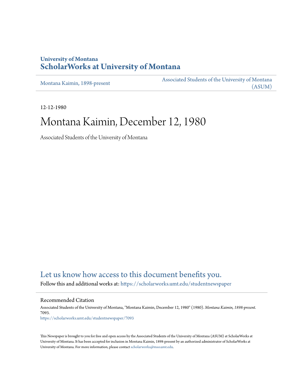 Montana Kaimin, December 12, 1980 Associated Students of the University of Montana