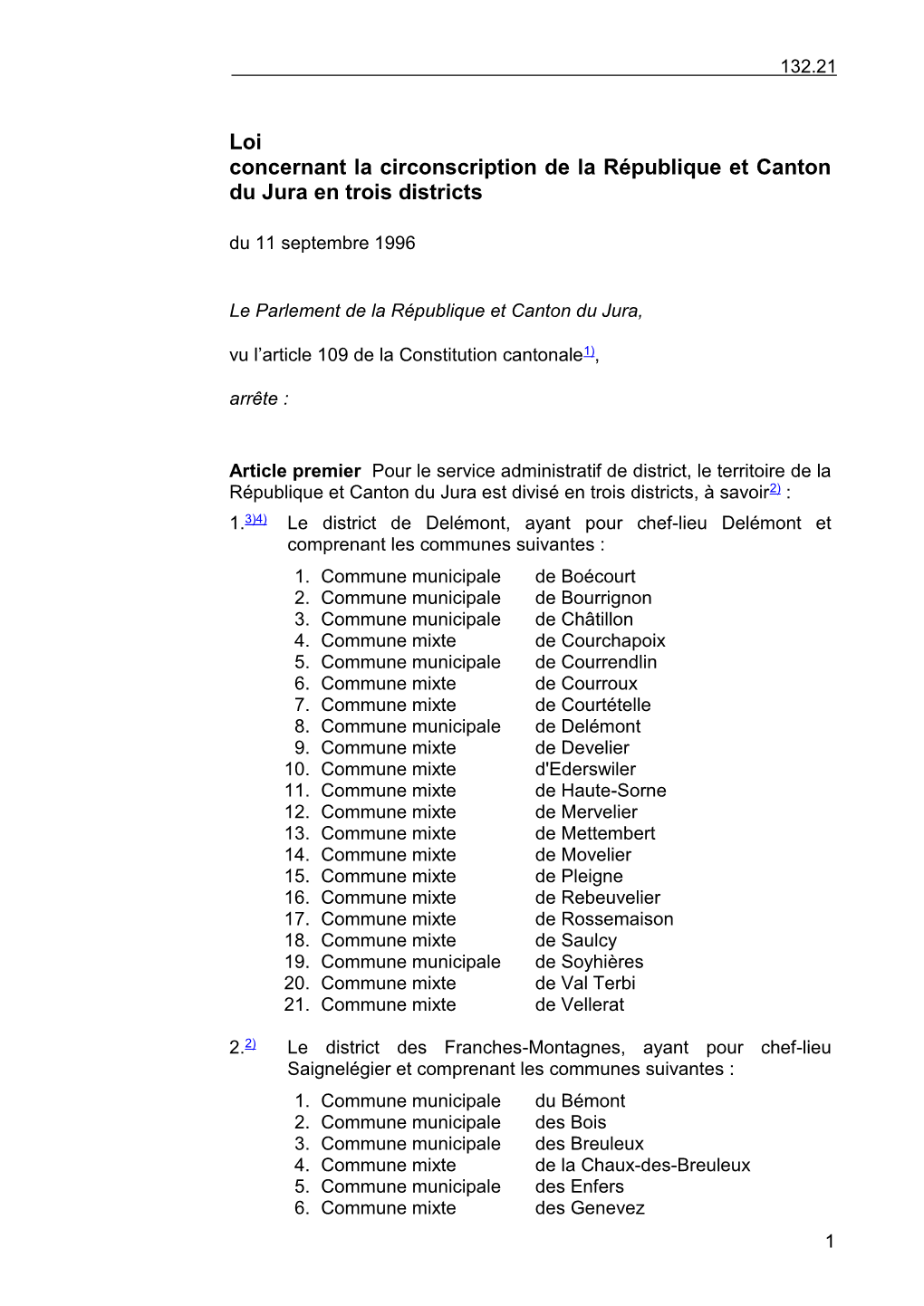 Loi Concernant La Circonscription De La République Et Canton Du Jura En Trois Districts Du 11 Septembre 1996