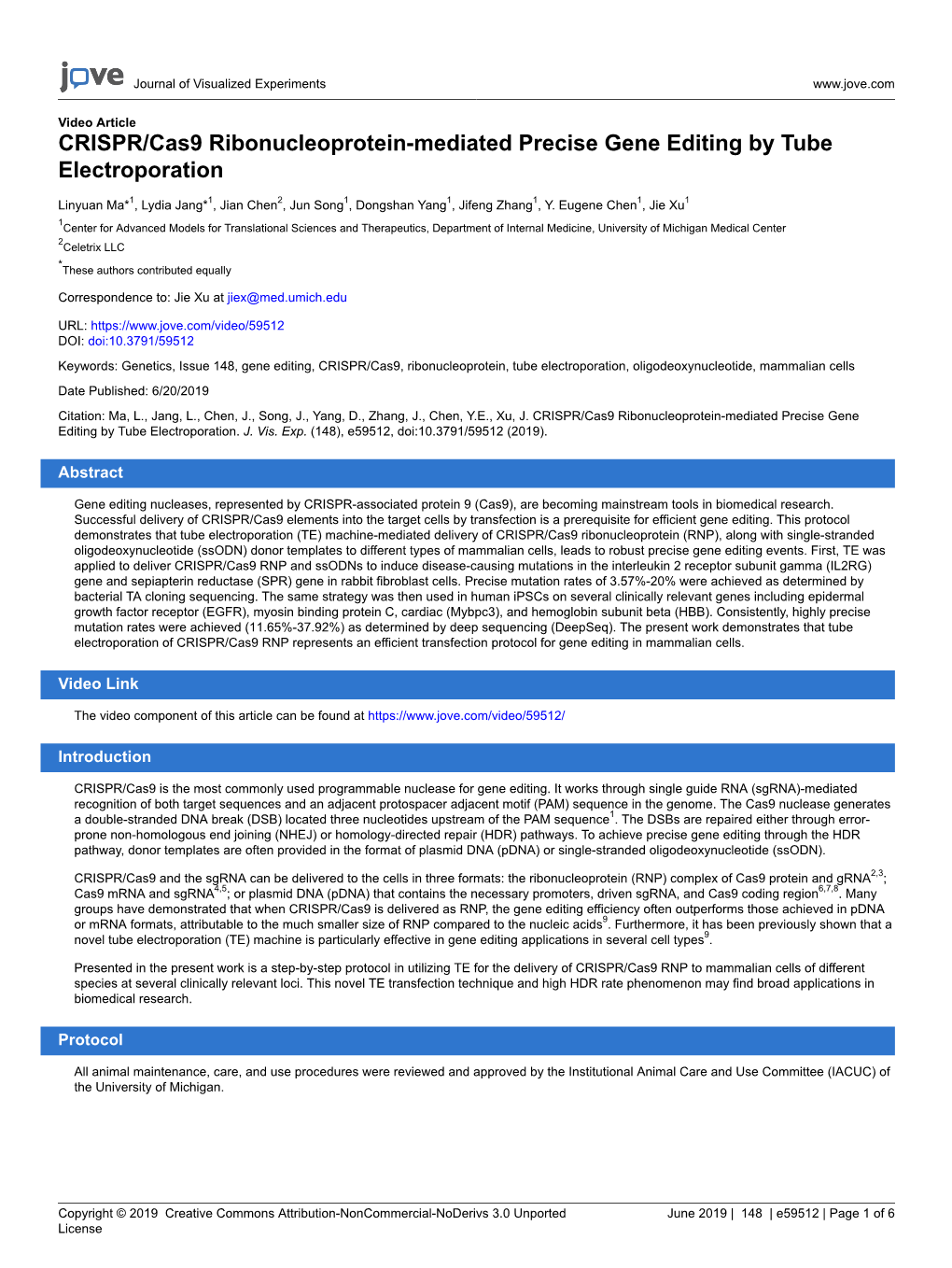 CRISPR/Cas9 Ribonucleoprotein-Mediated Precise Gene Editing by Tube Electroporation