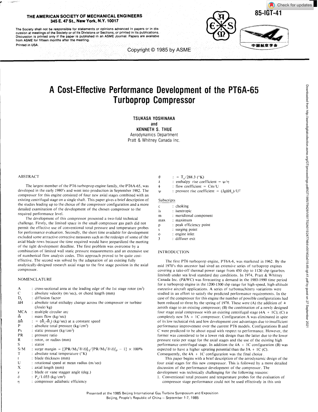 A Cost-Effective Performance Development of the PT6A-65