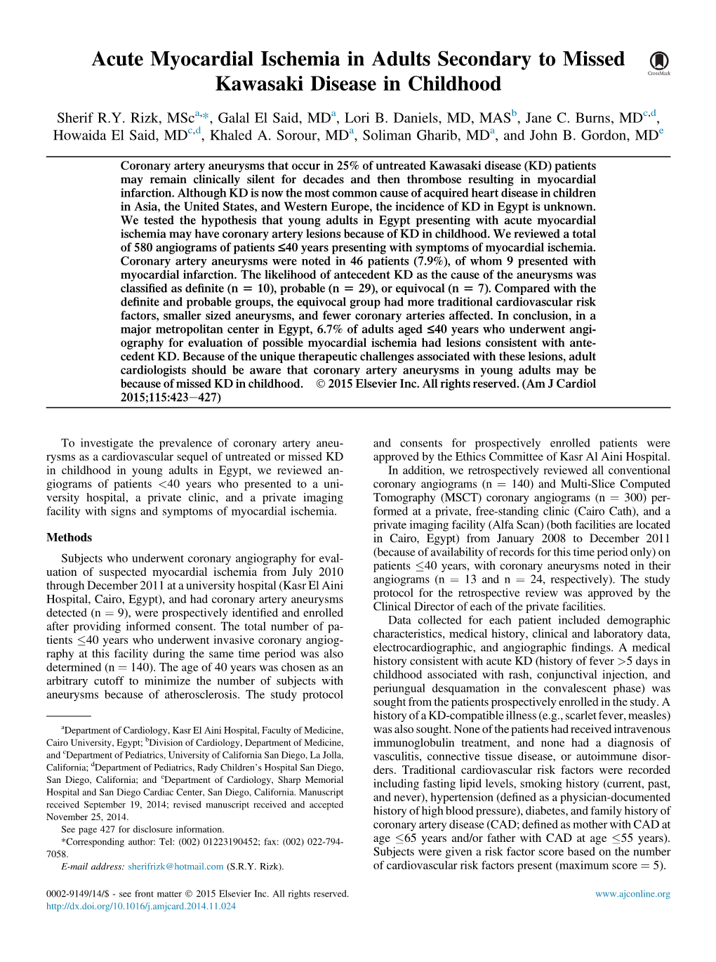 Acute Myocardial Ischemia in Adults Secondary to Missed Kawasaki Disease in Childhood