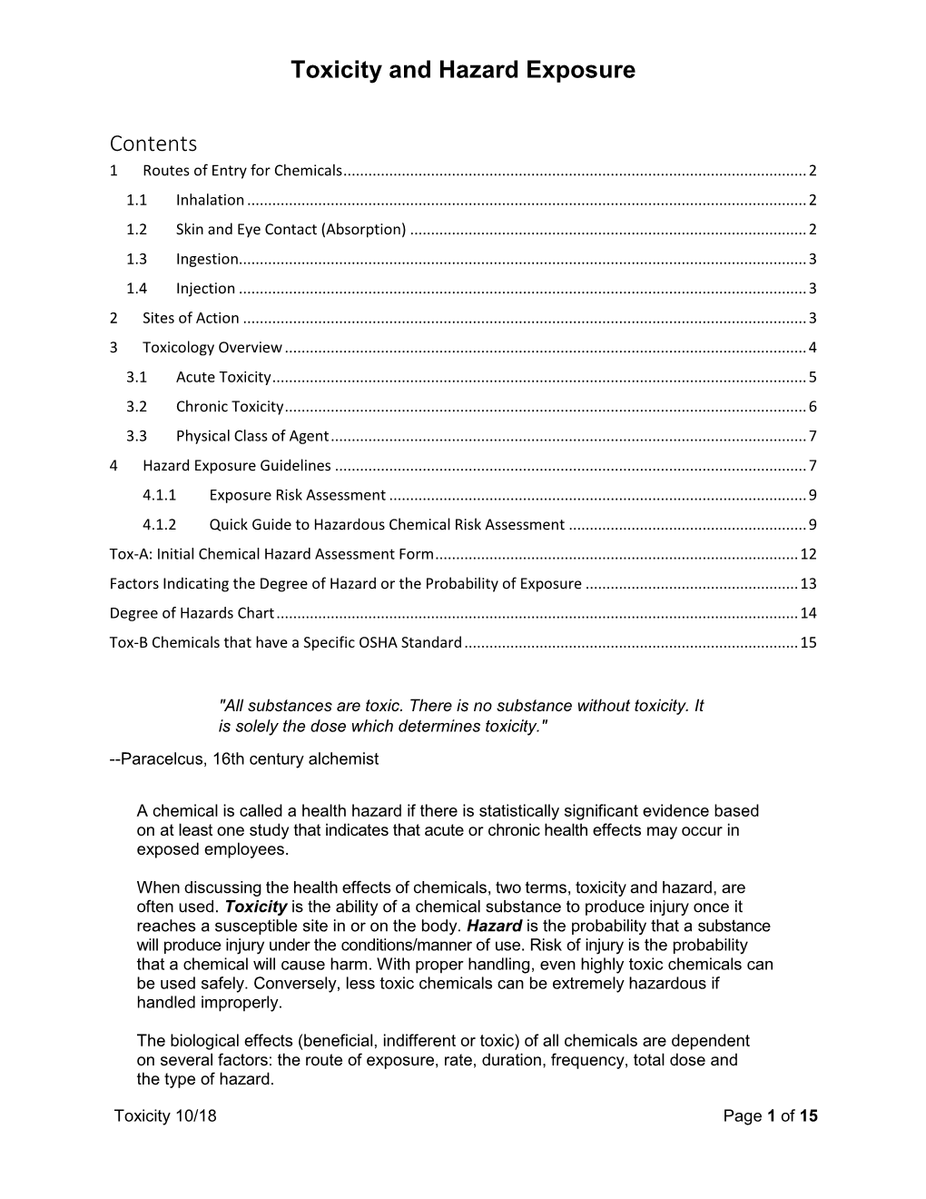 Toxicity and Hazard Exposure Contents