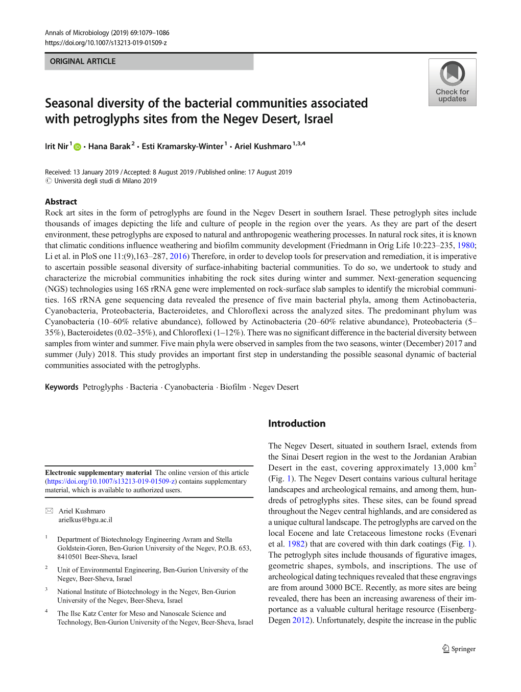 Seasonal Diversity of the Bacterial Communities Associated with Petroglyphs Sites from the Negev Desert, Israel