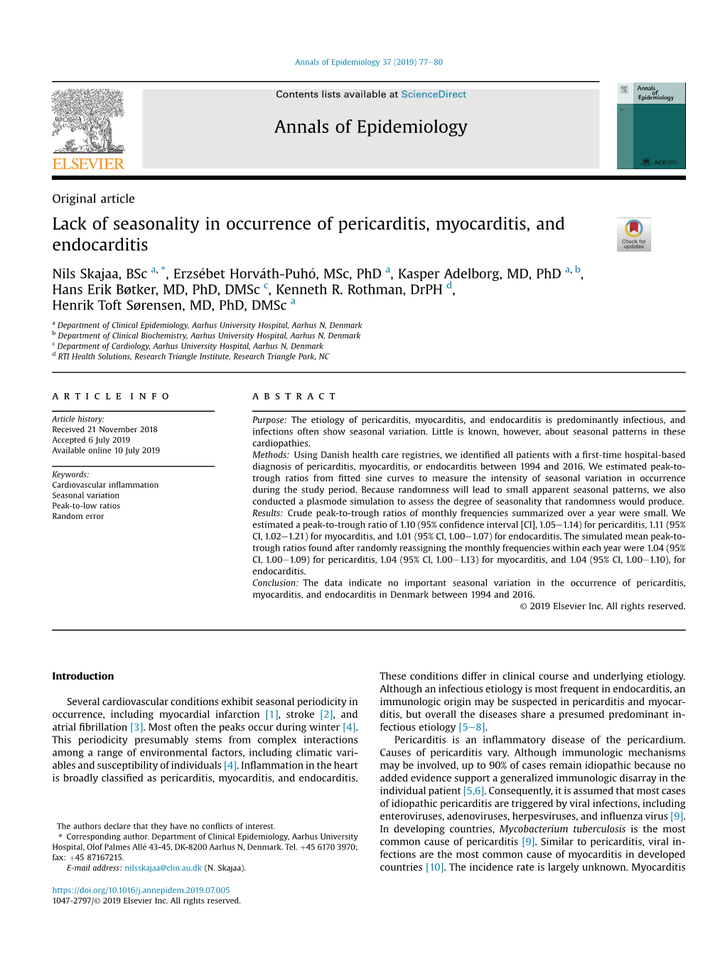 Lack of Seasonality in Occurrence of Pericarditis, Myocarditis, and Endocarditis