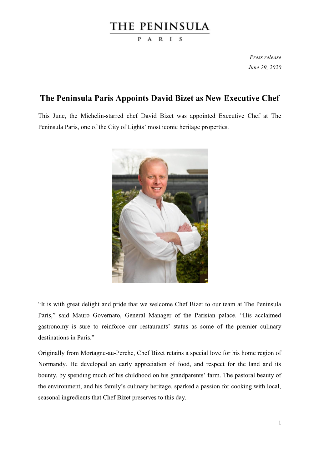 The Peninsula Paris Appoints David Bizet As New Executive Chef