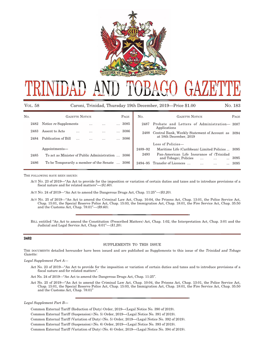 Gazette No. 183, Vol. 58, Thursday 19Th December, 2019