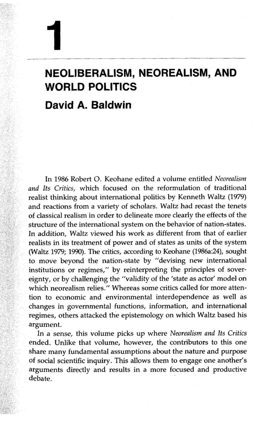 NEOLIBERALISM, NEOREALISM, and WORLD POLITICS David A. Baldwin