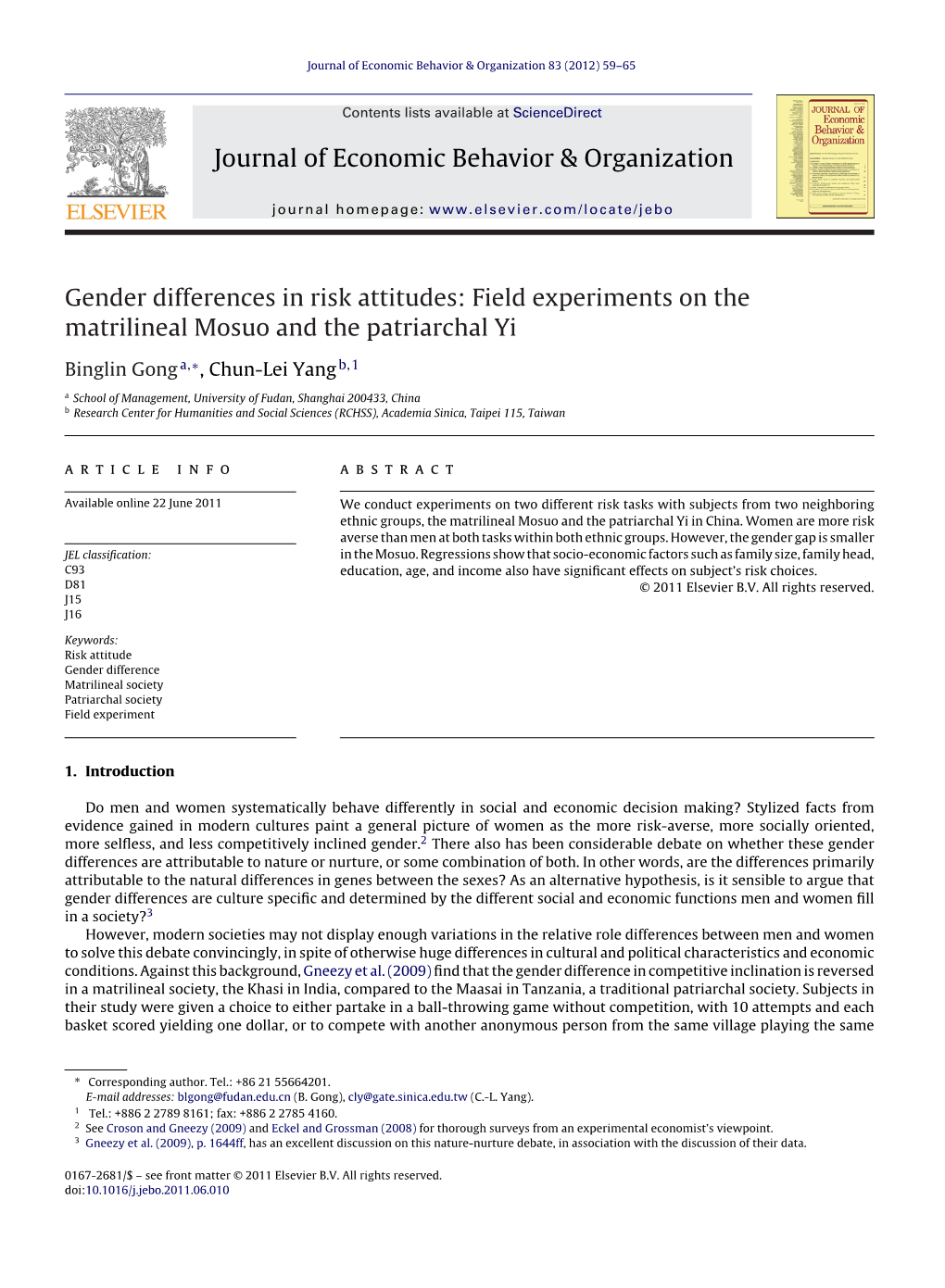 Gender Differences in Risk Attitudes: Field Experiments on the Matrilineal Mosuo and the Patriarchal Yi