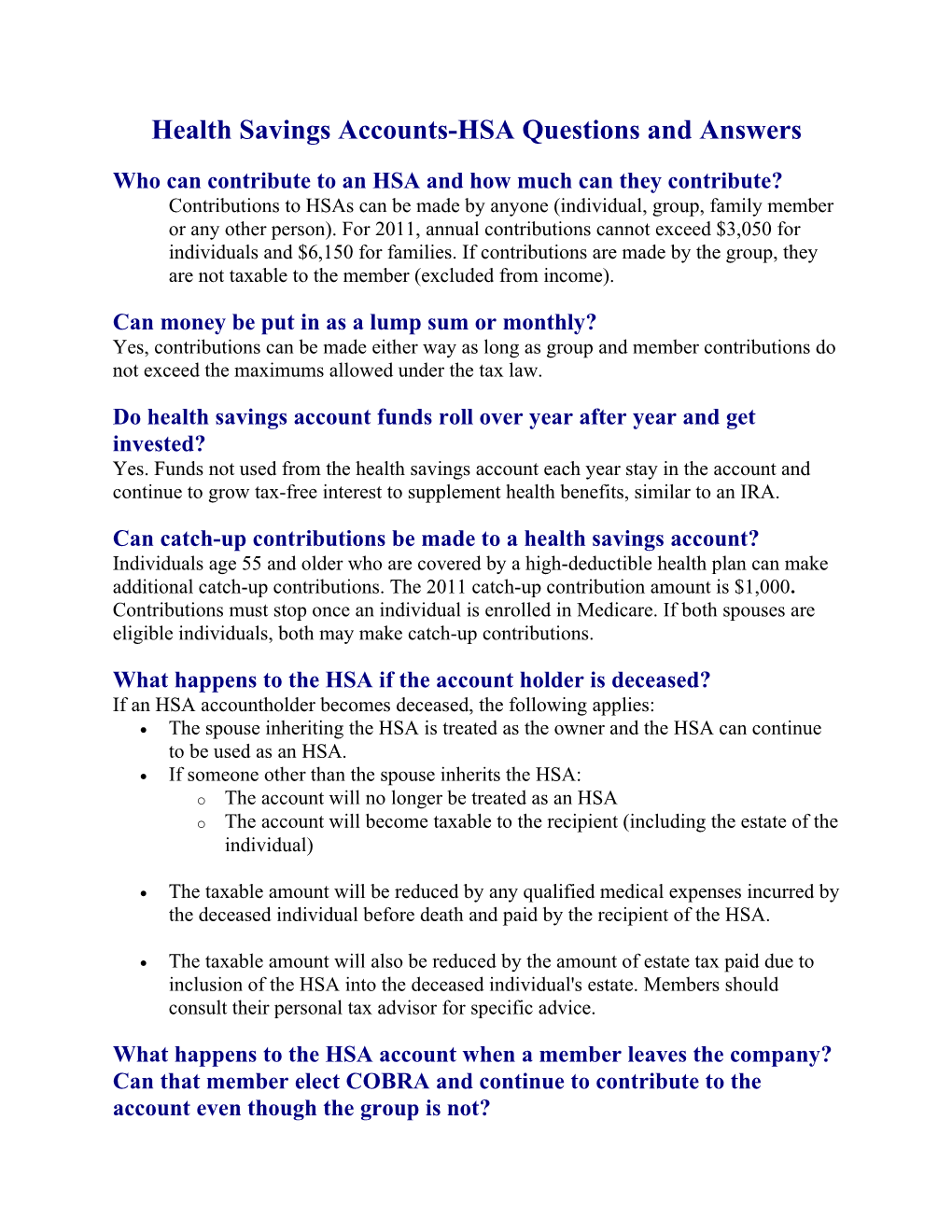 Health Savings Accounts-HSA Questions and Answers