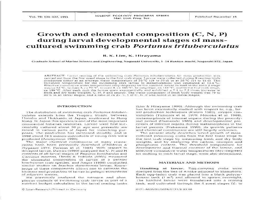 Growth and Elemental Composition (C, N, P) During Larval Developmental Stages of Mass- Cultured Swimming Crab Portunus Trituberculatus