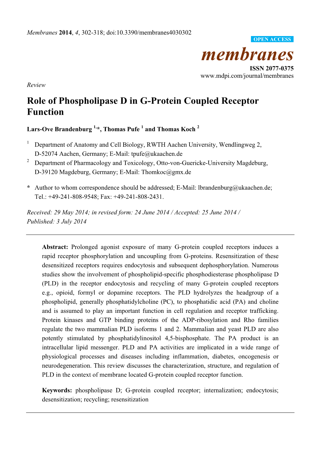 Role of Phospholipase D in G-Protein Coupled Receptor Function