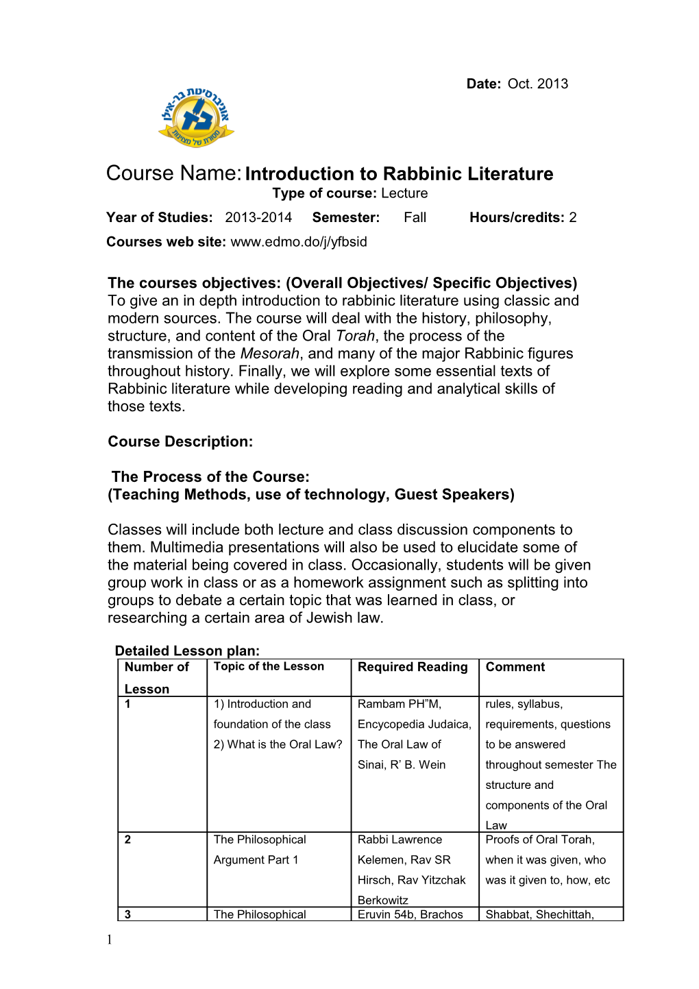 Course Name: Introduction to Rabbinic Literature