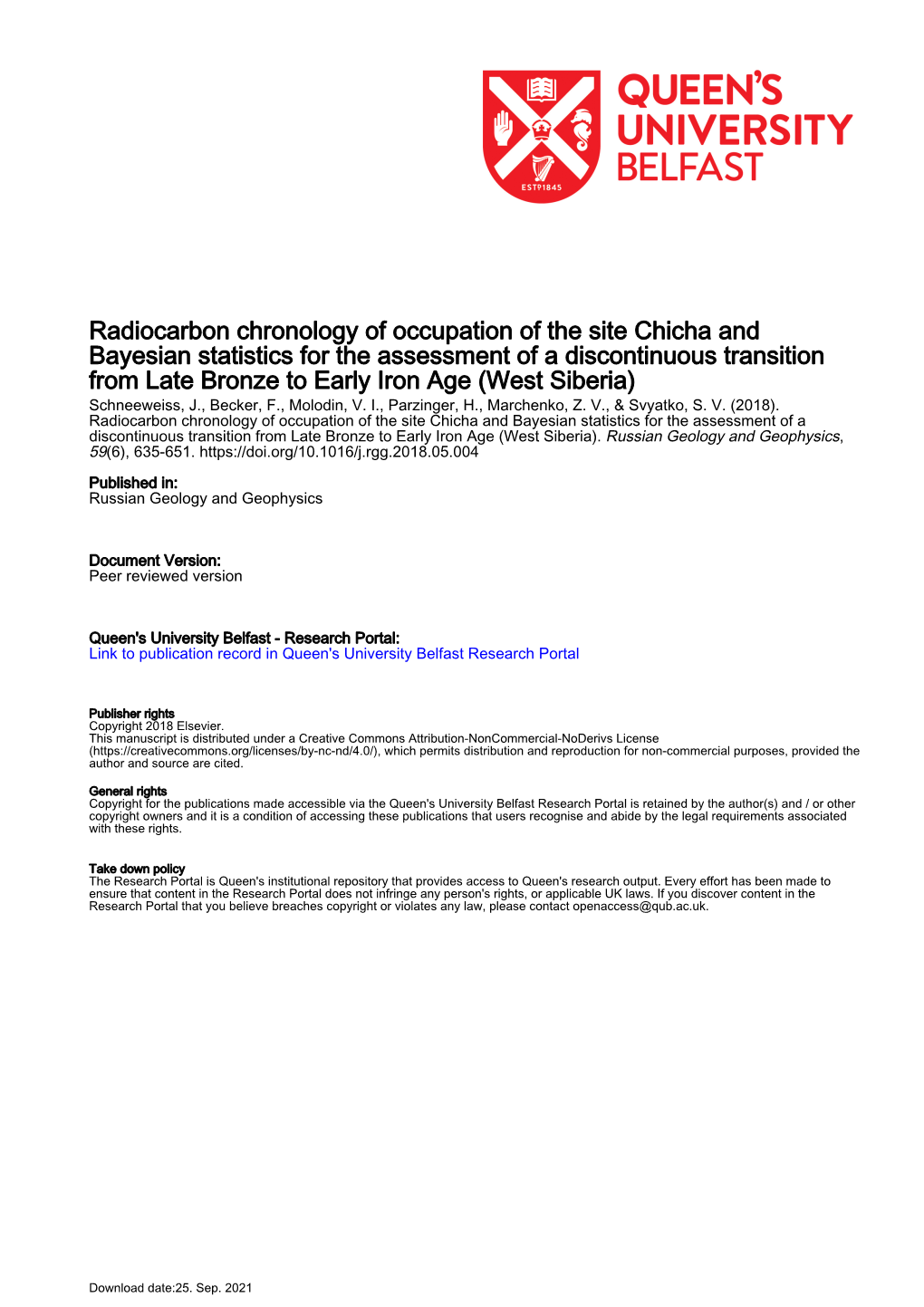 Radiocarbon Chronology of Occupation of the Site Chicha And