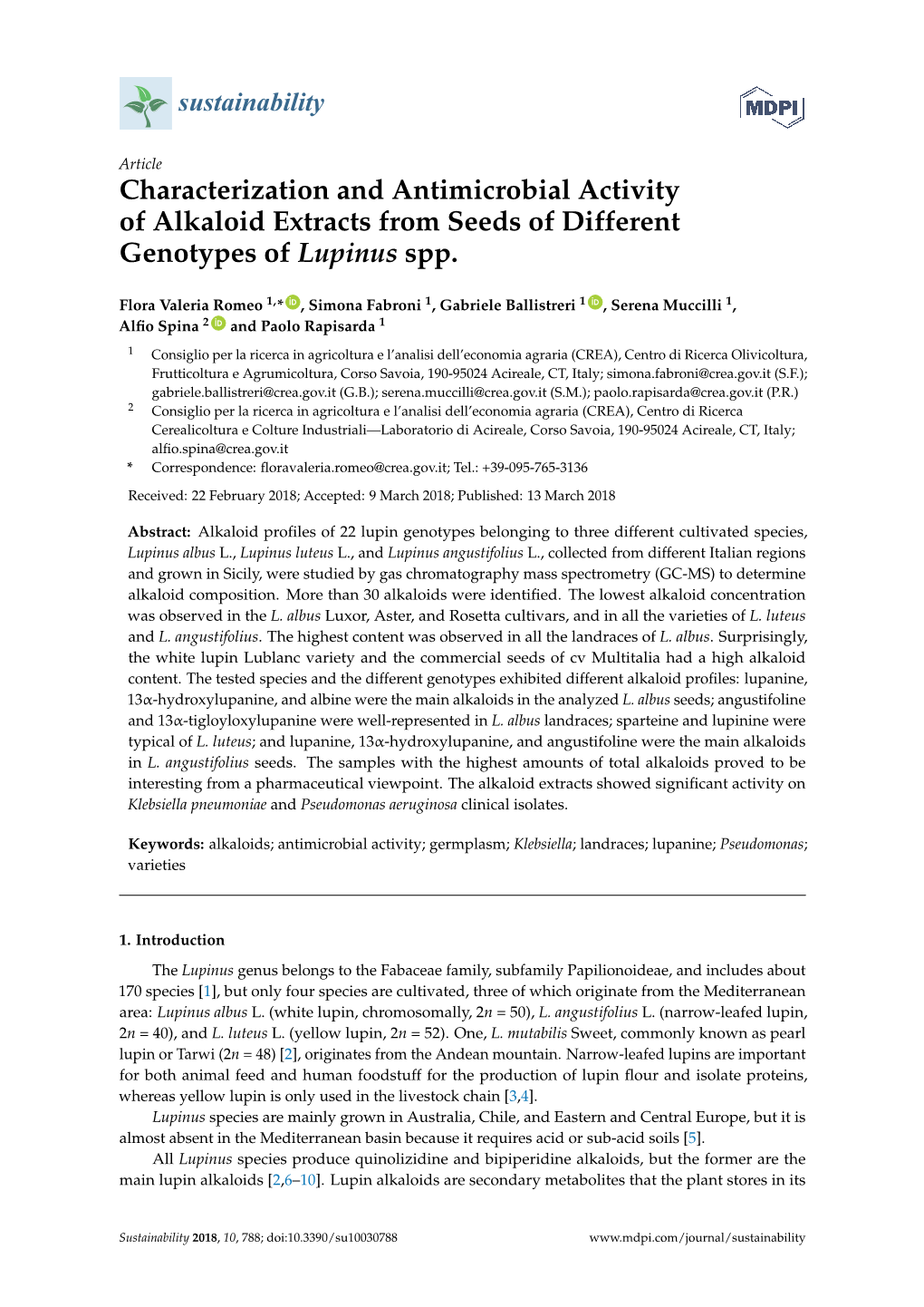 Characterization and Antimicrobial Activity of Alkaloid Extracts from Seeds of Different Genotypes of Lupinus Spp