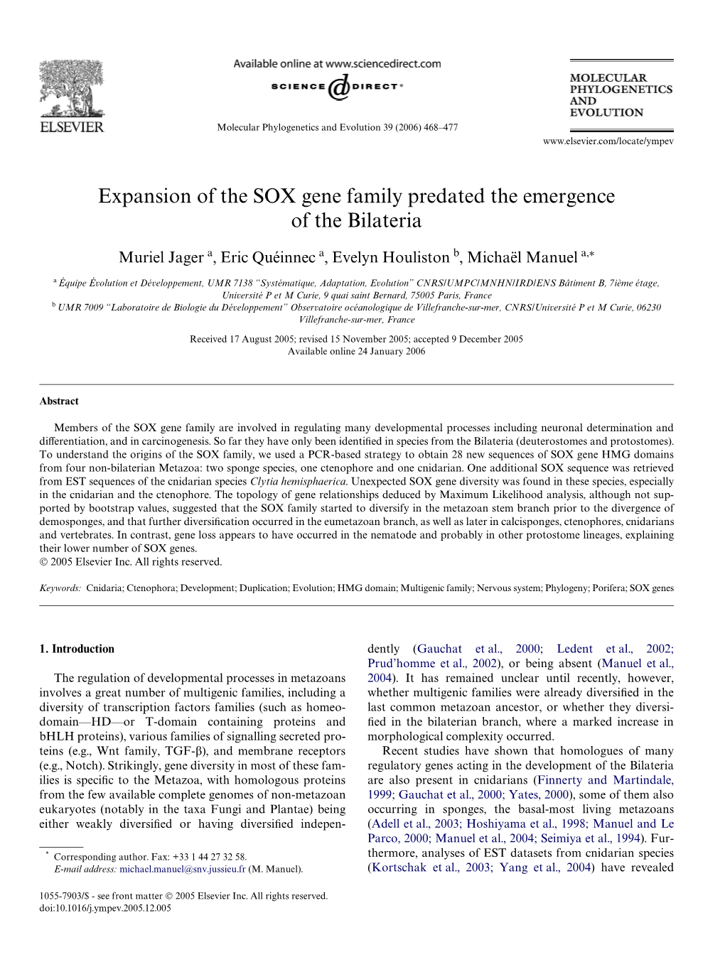 Expansion of the SOX Gene Family Predated the Emergence of the Bilateria