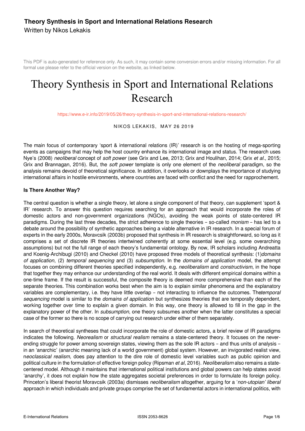 Theory Synthesis in Sport and International Relations Research Written by Nikos Lekakis