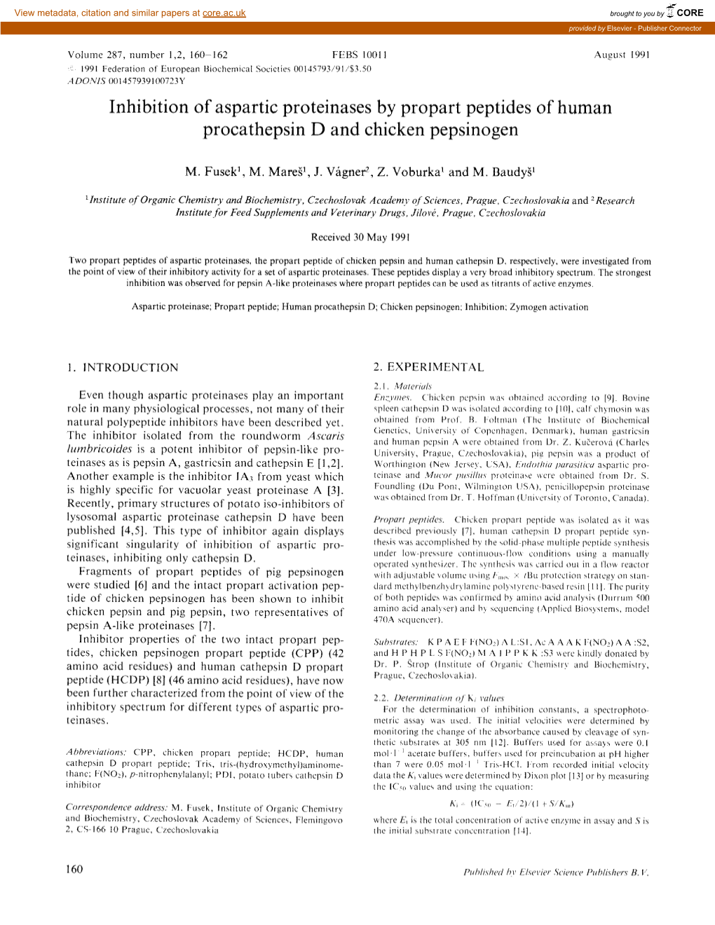 Inhibition of Aspartic Proteinases by Propart Peptides of Human Procathepsin D and Chicken Pepsinogen