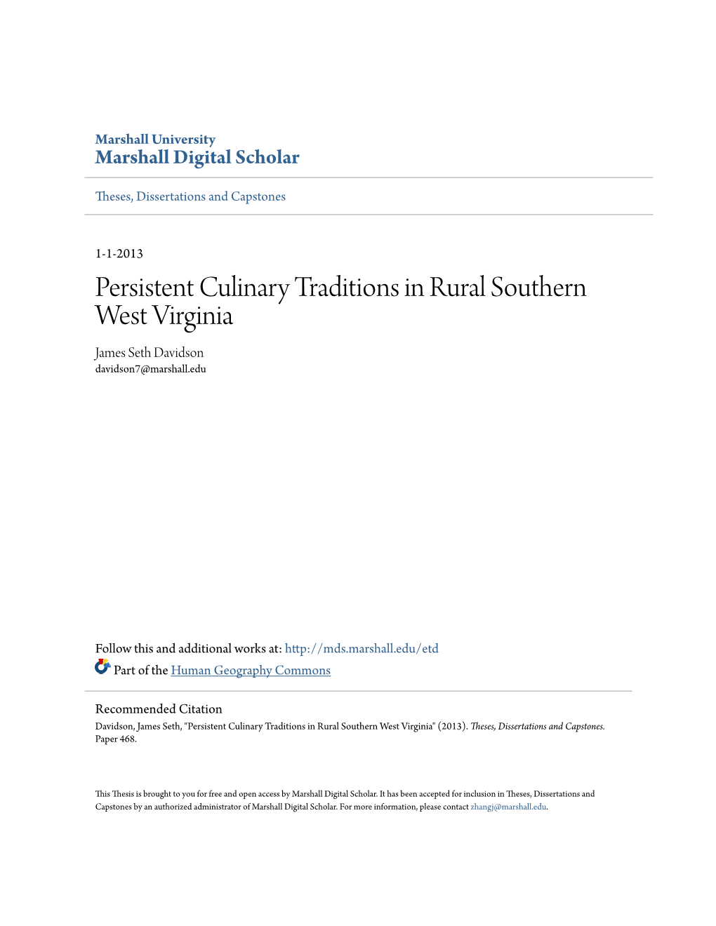 Persistent Culinary Traditions in Rural Southern West Virginia James Seth Davidson Davidson7@Marshall.Edu