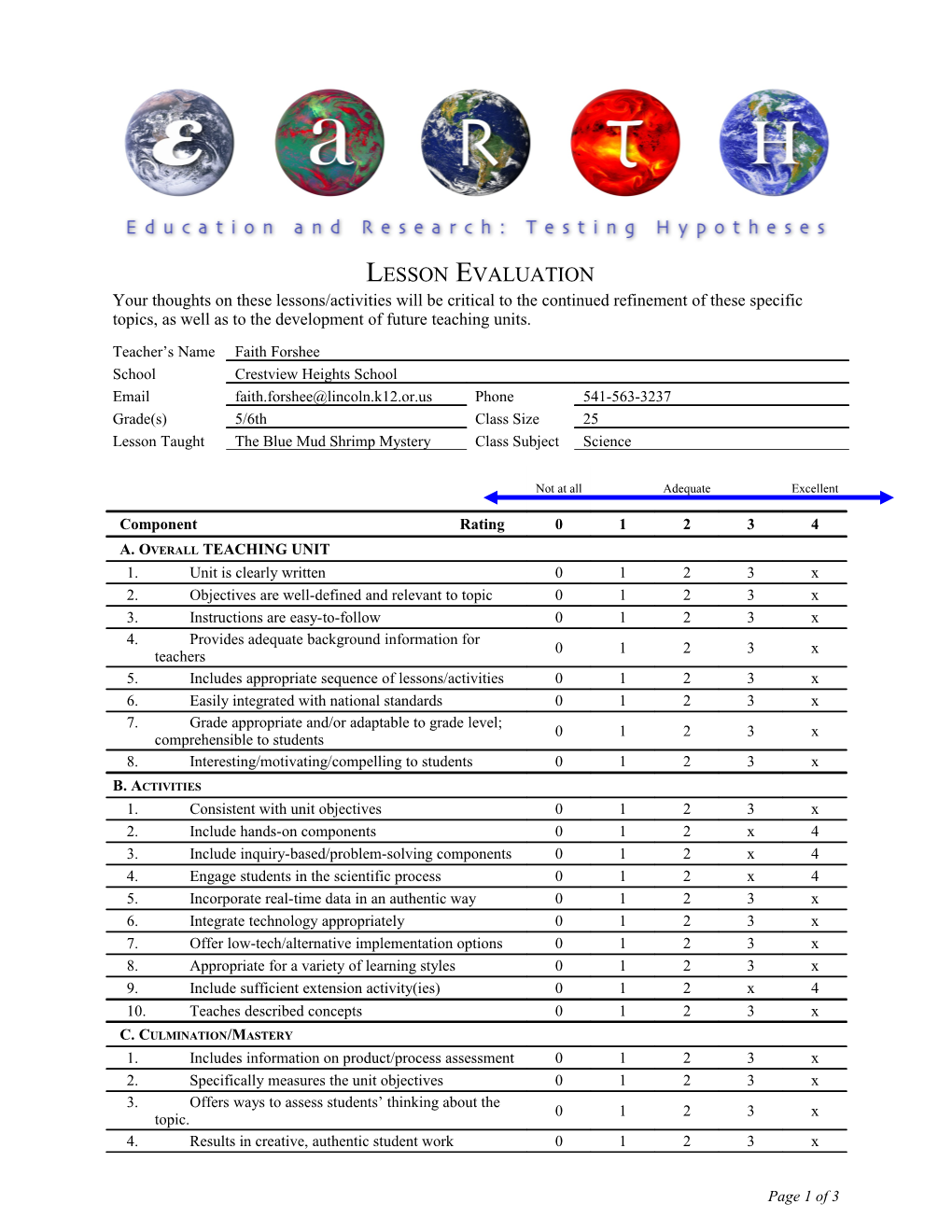 EARTH Assessment Rubric