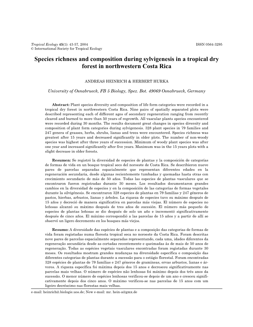 Species Richness and Composition During Sylvigenesis in a Tropical Dry Forest in Northwestern Costa Rica