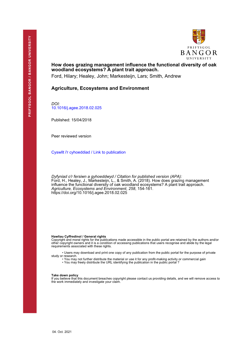 How Does Grazing Management Influence the Functional Diversity of Oak