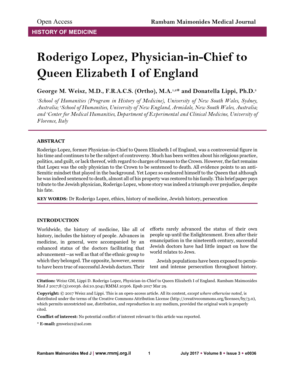 Roderigo Lopez, Physician-In-Chief to Queen Elizabeth I of England