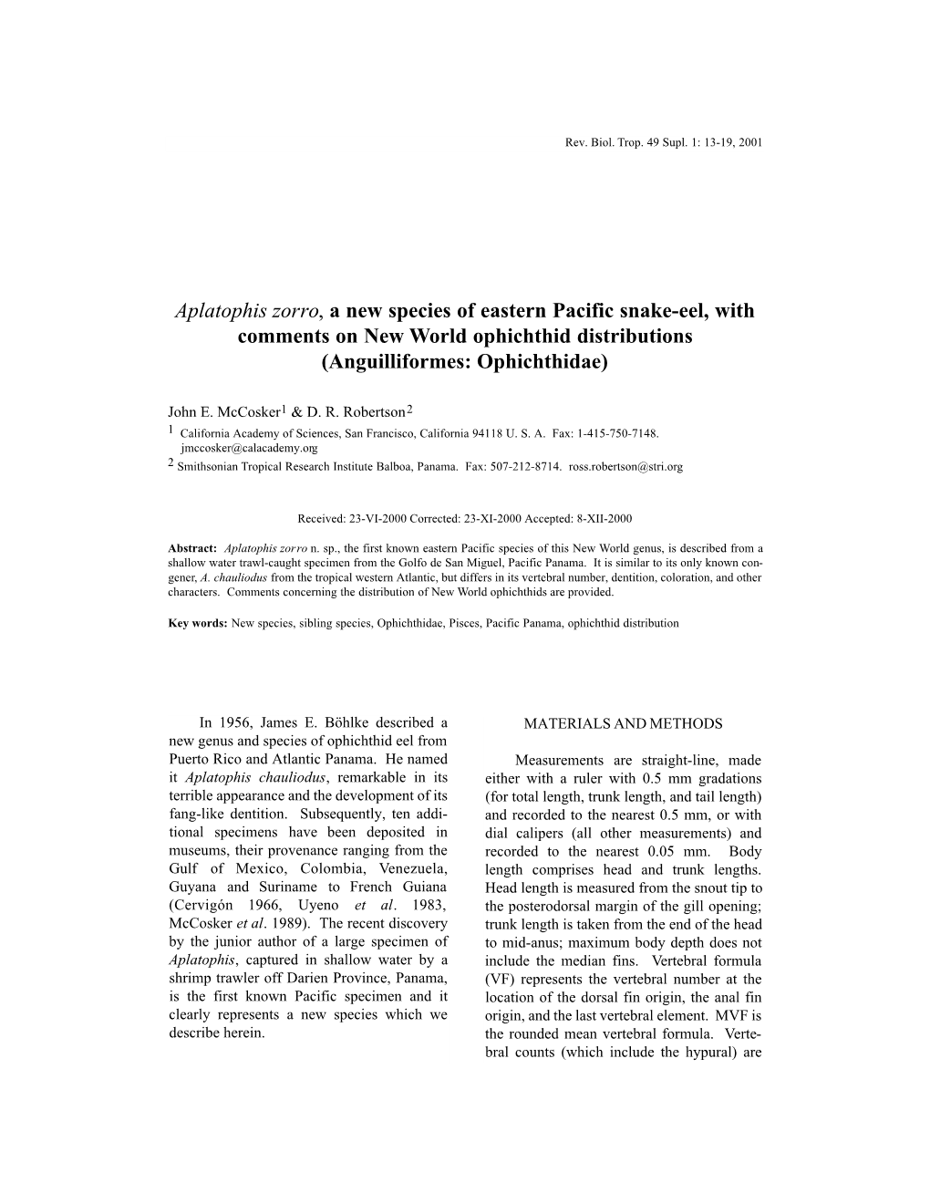 Aplatophis Zorro, a New Species of Eastern Pacific Snake-Eel, with Comments on New World Ophichthid Distributions (Anguilliformes: Ophichthidae)