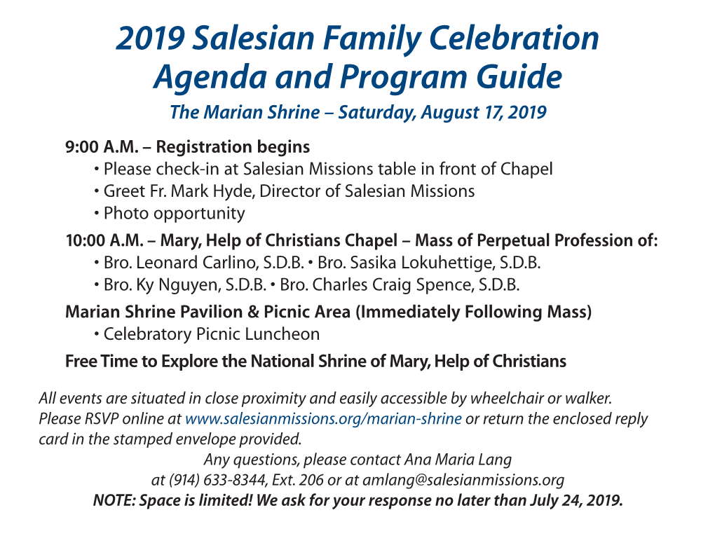 Agenda and Program Guide the Marian Shrine – Saturday, August 17, 2019 9:00 A.M