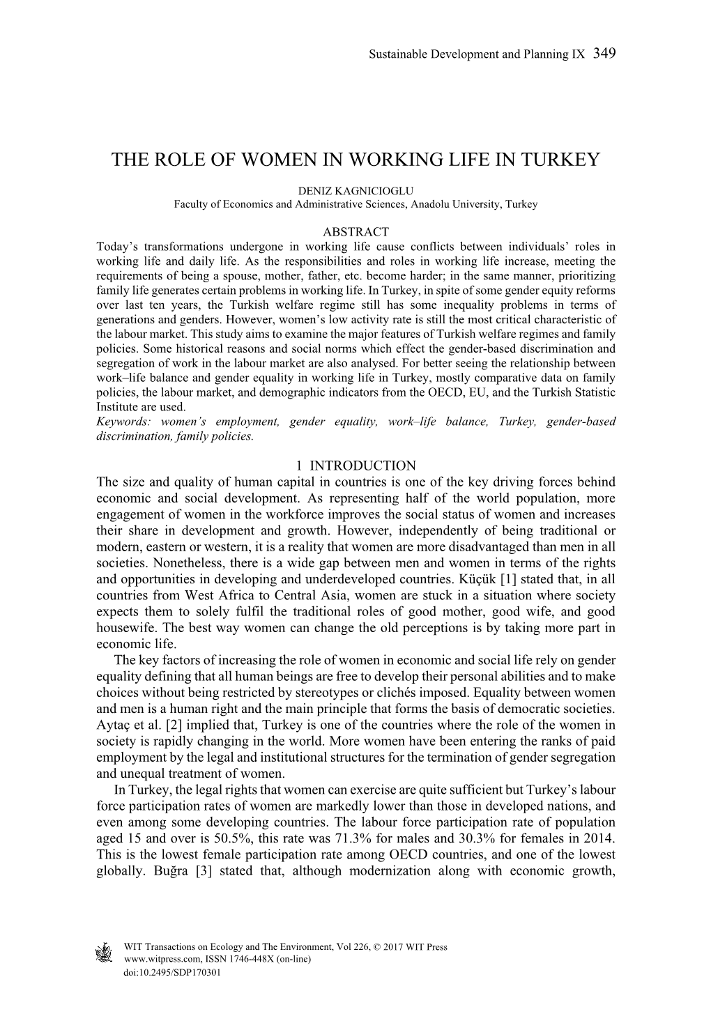 The Role of Women in Working Life in Turkey