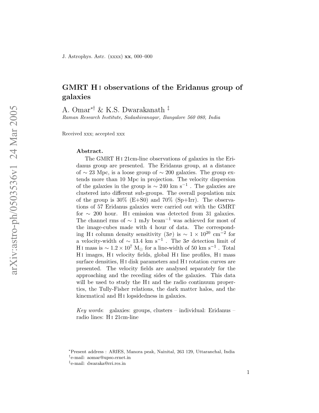 Arxiv:Astro-Ph/0503536V1 24 Mar 2005 MTH GMRT (Xxxx) Astr