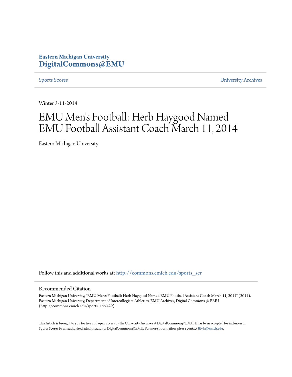 Herb Haygood Named EMU Football Assistant Coach March 11, 2014 Eastern Michigan University