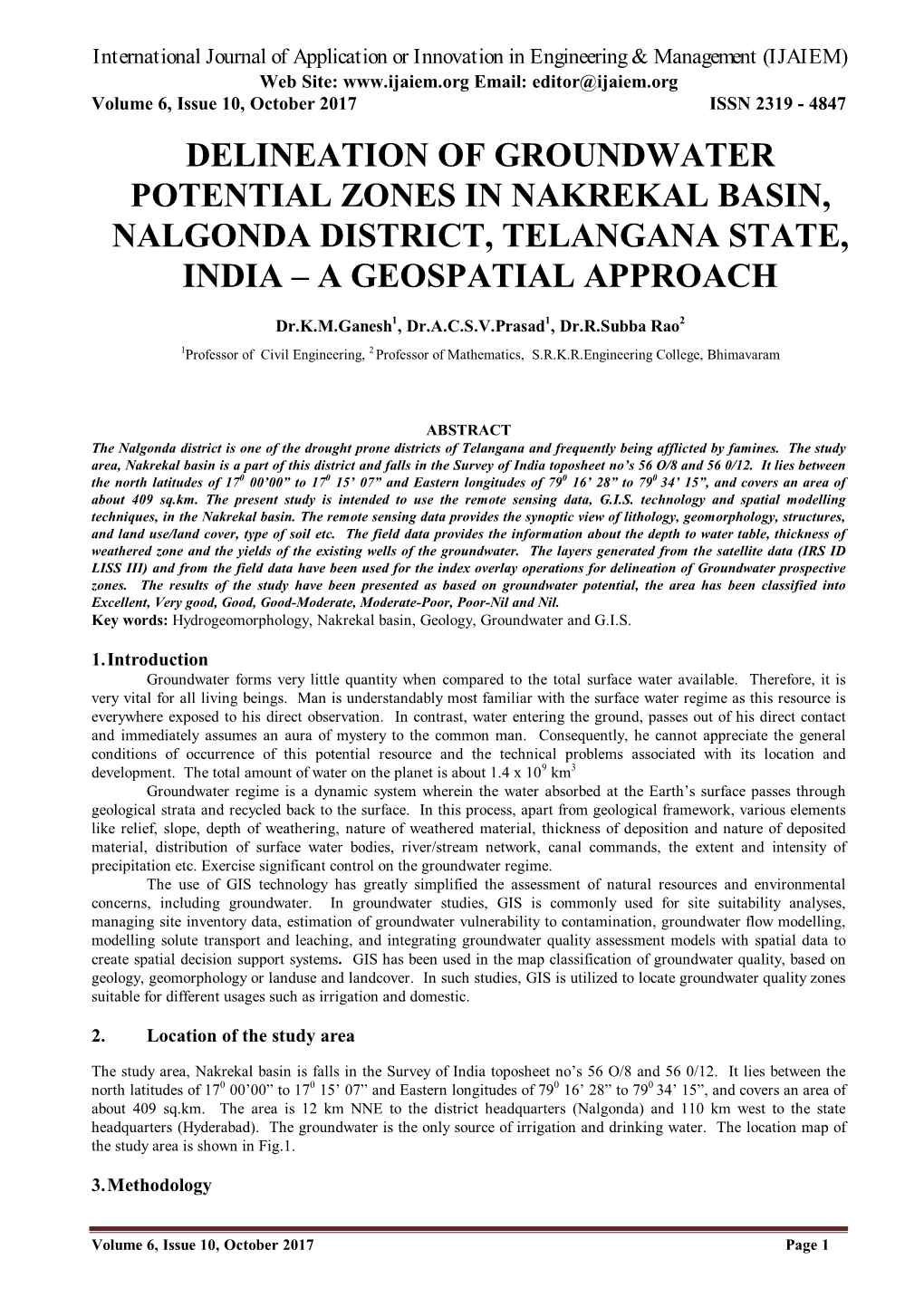 Delineation of Groundwater Potential Zones in Nakrekal Basin, Nalgonda District, Telangana State, India – a Geospatial Approach