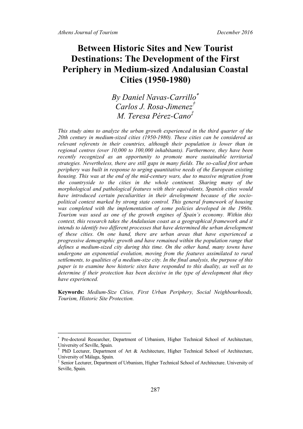 Between Historic Sites and New Tourist Destinations: the Development of the First Periphery in Medium-Sized Andalusian Coastal Cities (1950-1980)